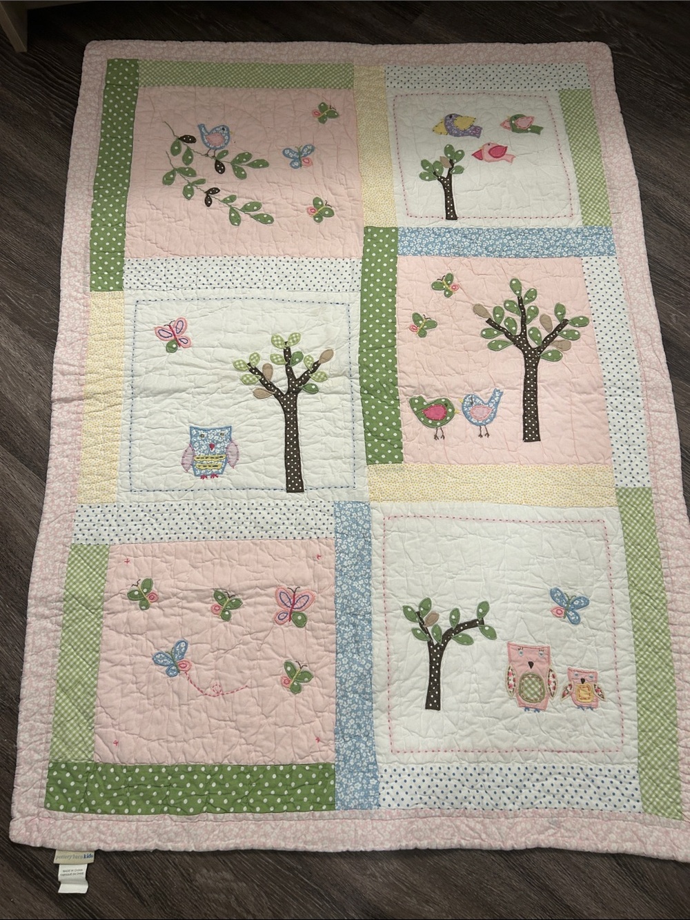 POTTERY BARN KIDS Baby Girl Pink & Pastel Tree and Owl Patchwork Quilt - Brand